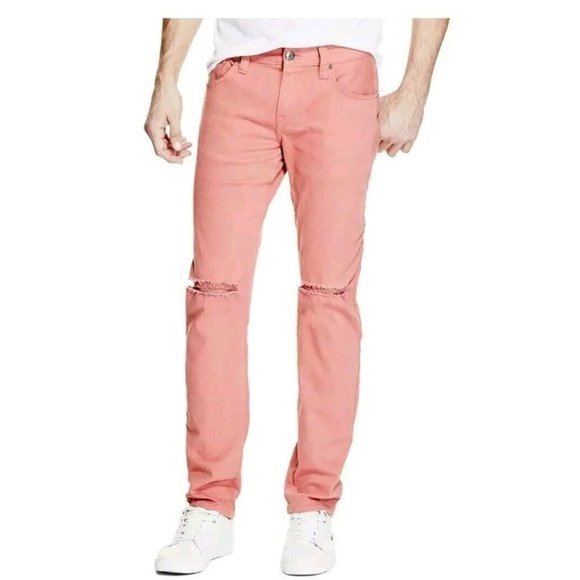 Guess Men's Halsted Slim Tapered Destroy Jeans Coral Soft Stretch Denim Size 31 - Picture 12 of 12
